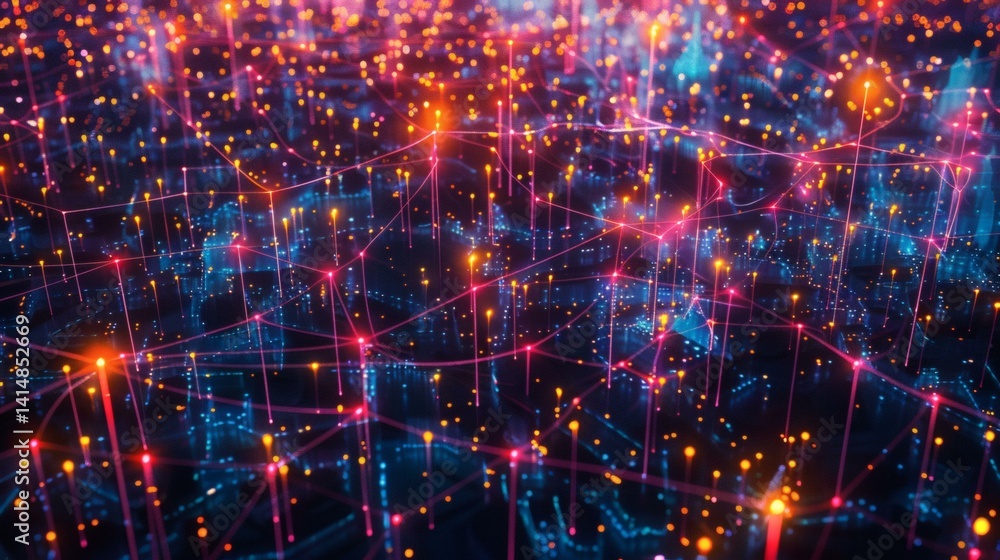 High-angle view of glowing network of connections and nodes forming abstract landscape, representing a futuristic cityscape or neu High-angle view of glowing network of connections and nodes forming abstract landscape, representing a futuristic cityscape or neu