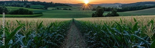 Obraz na płótnie Golden kernels peak from green cornfield leaves as the sun sets, creating long shadows over a country road lined with fence posts. w salonie