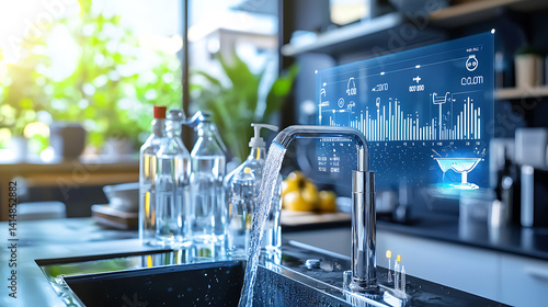 Innovative water management system modern kitchen digital display clean environment close-up view smart technology
