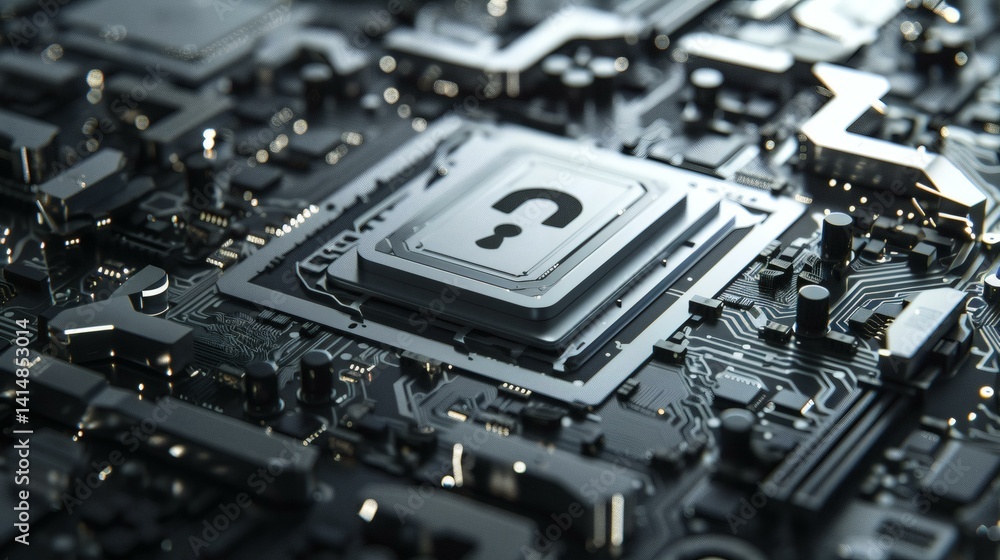 Futuristic Cybersecurity Concept: Metallic Circuit Board with a Question Mark in a High-Tech Setting Futuristic Cybersecurity Concept: Metallic Circuit Board with a Question Mark in a High-Tech Setting