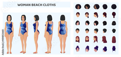 Cartoon Woman character Creation with Woman wearing Bikini, swimsuit, movable joints for animation and posing, Front, Side, and back view, multiple Races Vector Illustration
