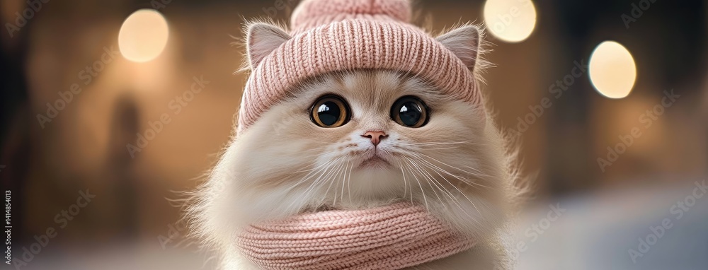 Soft plush cat with big eyes is dressed in a cozy pink scarf and hat, perfect for fans of cute cartoon designs and art toys