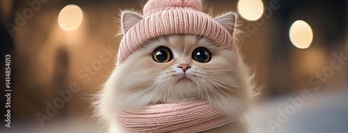 Soft plush cat with big eyes is dressed in a cozy pink scarf and hat, perfect for fans of cute cartoon designs and art toys