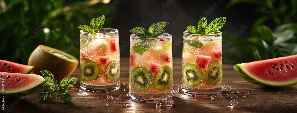 Three glass bottles display fruit-infused water with pomegranate, kiwi, and melon, adorned with fresh apple and watermelon slices