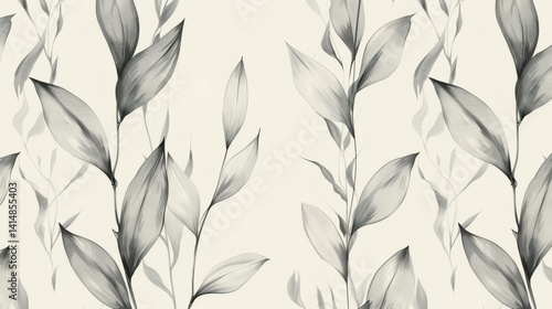 Organic plant pattern drawn by hand with pencil detail, elegant foliage, realistic texture, black and white botanical background