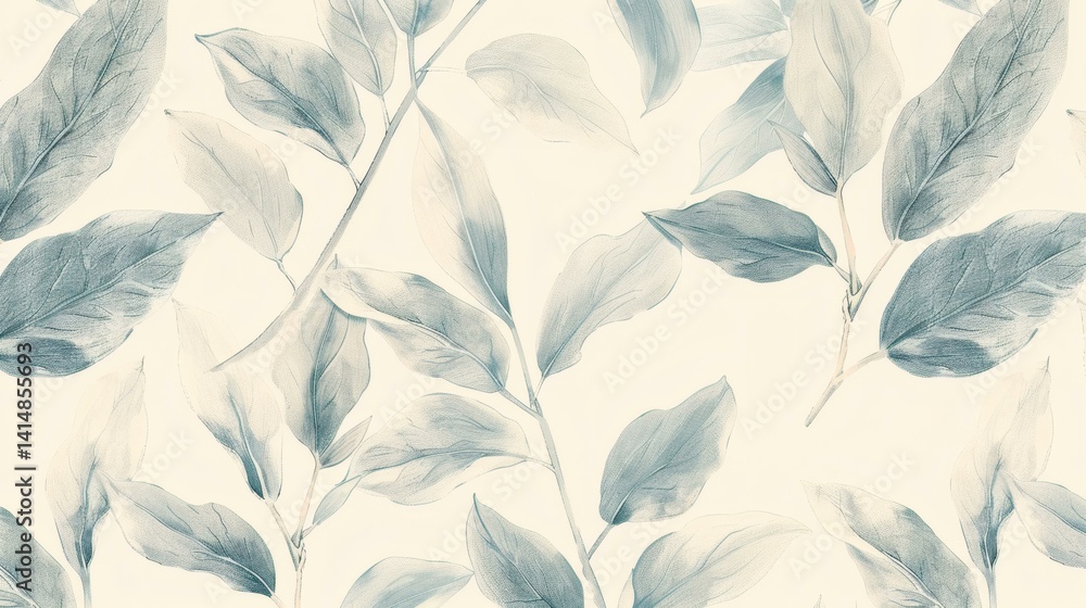 Fototapeta premium Delicate Pencil-Drawn Leaf and Plant Pattern with Organic Shapes and Subtle Blue-Green Tones on a Cream Background