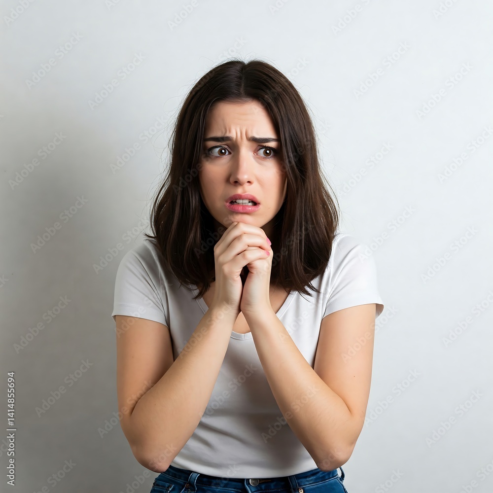 Anxious Young Woman with Clasped Hands Expressing Fear and Worry Anxious Young Woman with Clasped Hands Expressing Fear and Worry