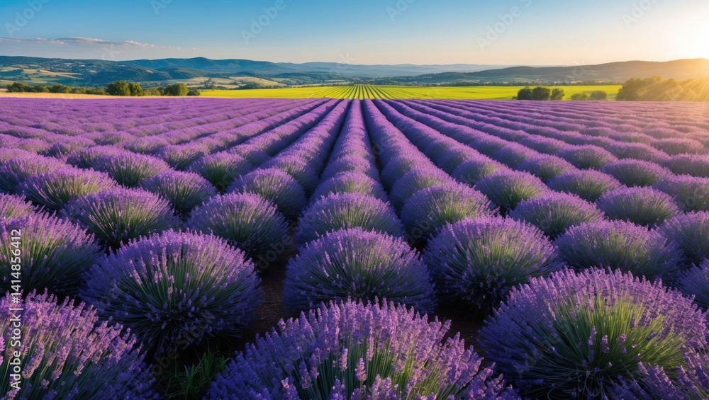 Lavender Field at Sunset with Yellow Field and Mountains Horizon Lavender Field at Sunset with Yellow Field and Mountains Horizon