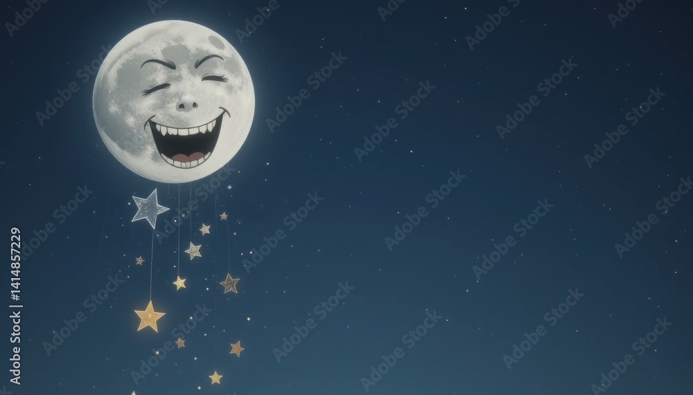 Fototapeta premium Whimsical Moon and Stars in a Dreamy Night Sky, Mem Creation