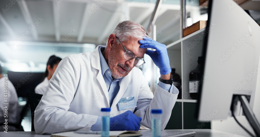 Mature man, scientist and headache with stress for fail, mistake and scientific error at lab. Frustrated, person and science with migraine for bad experiment, chemistry trial and results at computer Mature man, scientist and headache with stress for fail, mistake and scientific error at lab. Frustrated, person and science with migraine for bad experiment, chemistry trial and results at computer