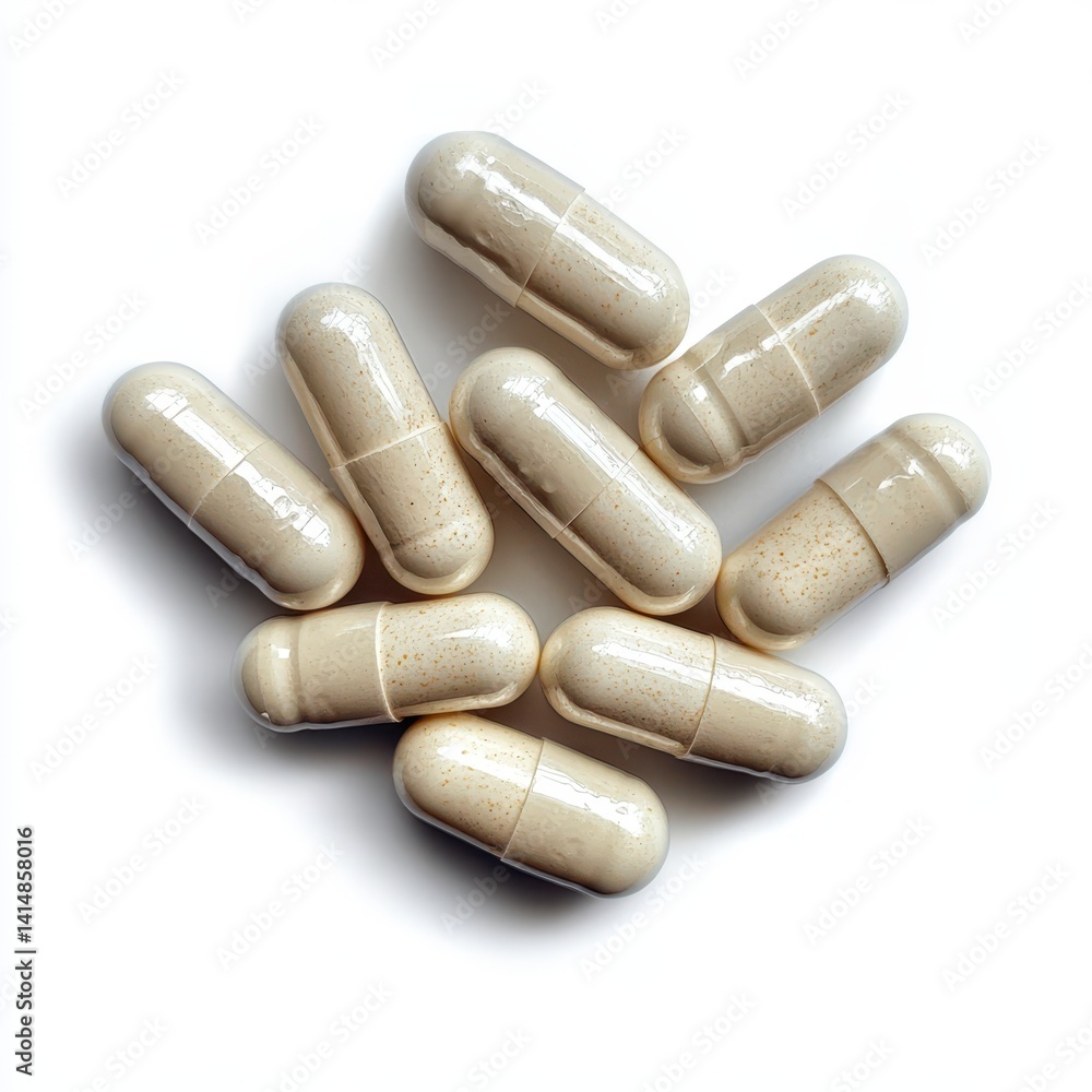 Beige Capsules on White Background Close Up Studio Shot Beige Capsules on White Background Close Up Studio Shot