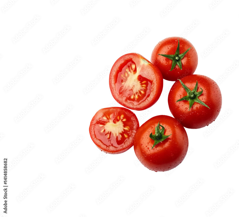 A few fresh tomatoes, sliced and cut in half with water droplets on them, isolated on Transparent Background and PNG A few fresh tomatoes, sliced and cut in half with water droplets on them, isolated on Transparent Background and PNG