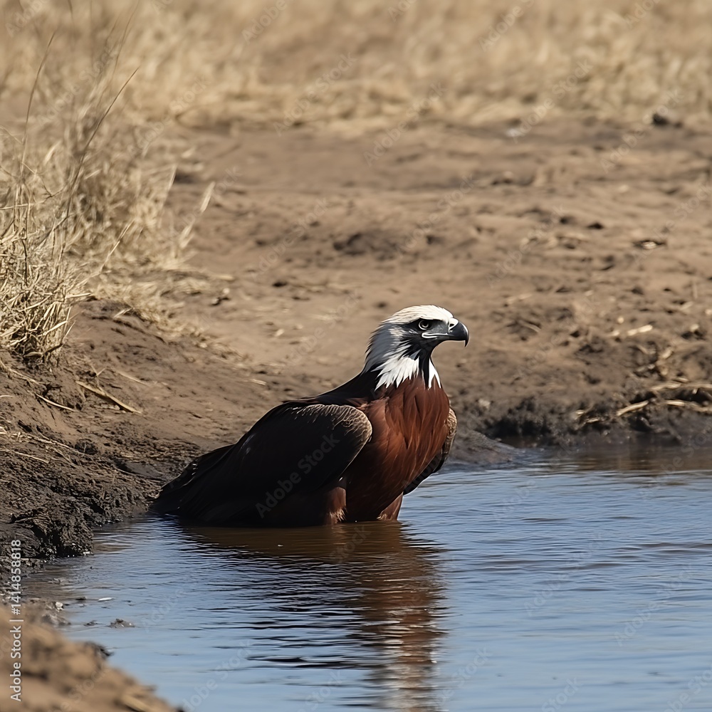 Fototapeta premium Bateleur Eagle Cooling Off in Water During a Hot Day