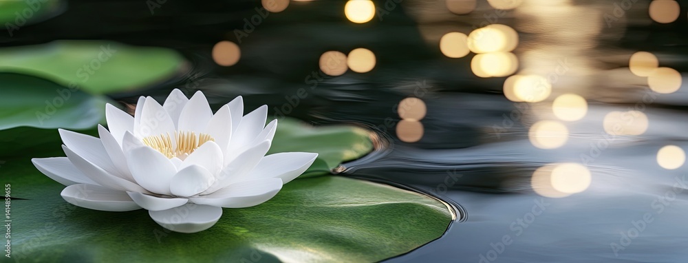A lotus flower floats on calm water, basking in sunlight, with green leaves and distant mountains, creating a serene scene.