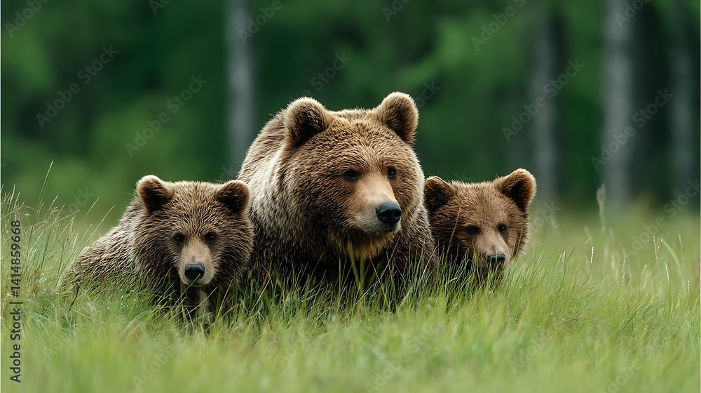 Fototapeta premium Brown bear family in tall grass, watchful eyes, and lush forest backdrop