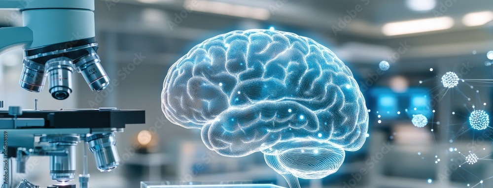 Transparent glass holds a glowing digital brain in a high-tech lab filled with advanced machinery and equipment for research.