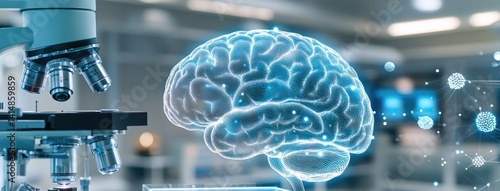 Obraz na płótnie Transparent glass holds a glowing digital brain in a high-tech lab filled with advanced machinery and equipment for research. w salonie