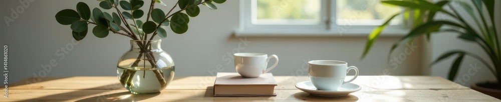 Silver eucalyptus in vase, coffee, books, wooden table Scandinavian breakfast setting , hygge, light Silver eucalyptus in vase, coffee, books, wooden table Scandinavian breakfast setting , hygge, light