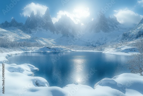 Wallpaper Mural Snow-covered mountains reflect in a tranquil lake during a sunny winter day in a remote wilderness area Torontodigital.ca