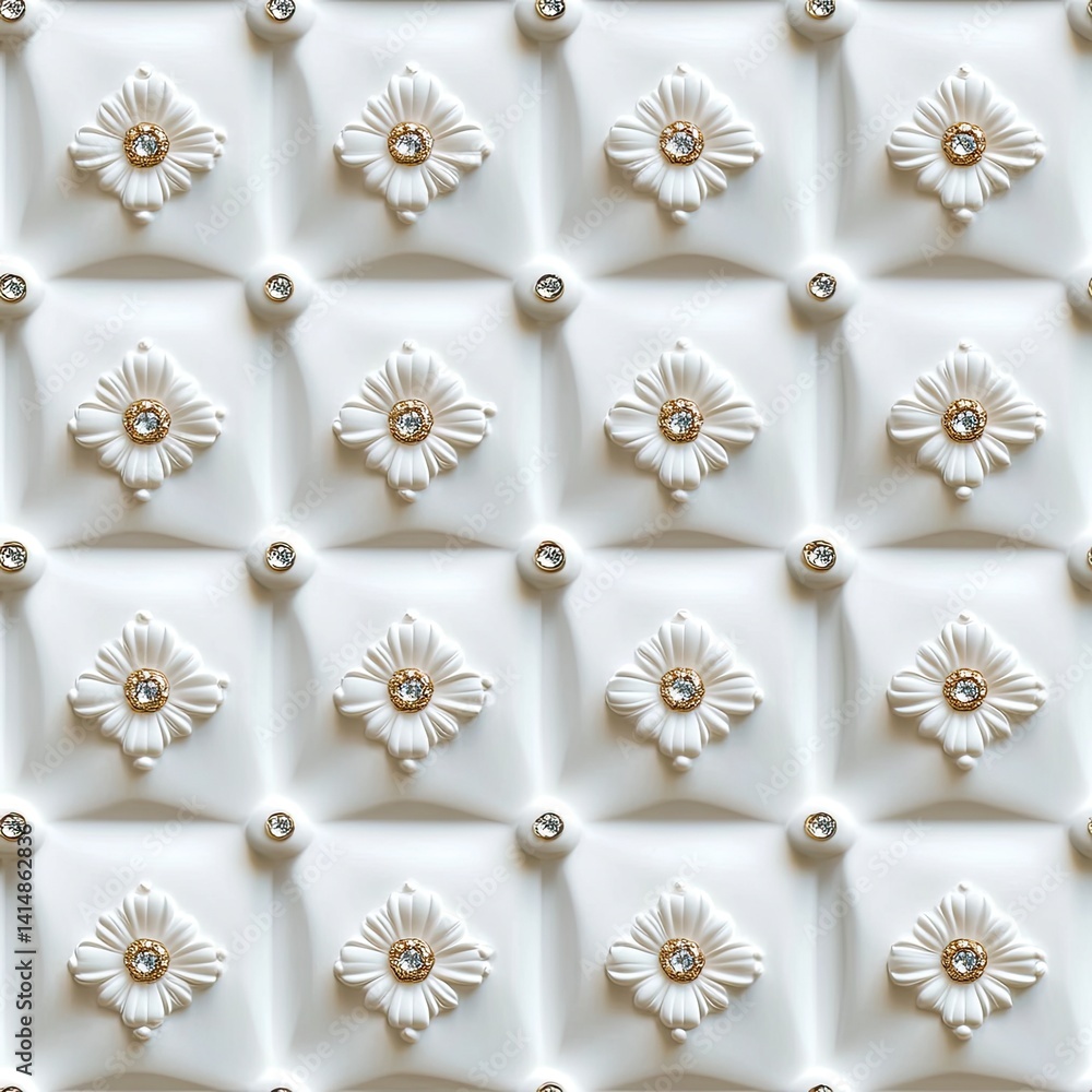Intricate white damask design adorns a wall, showcasing embossed details in exceptional clarity and realism, highlighting craftsmanship SEAMLESS PATTERN