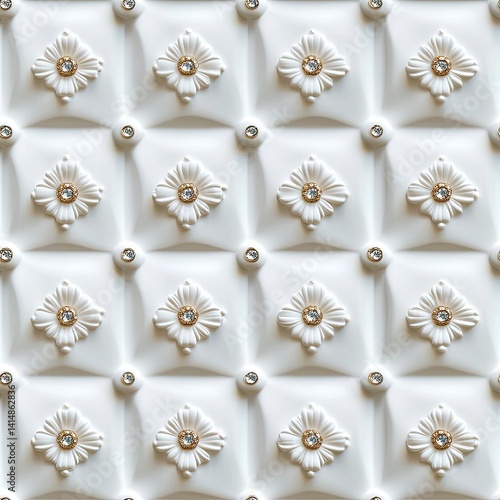 Obraz na płótnie Intricate white damask design adorns a wall, showcasing embossed details in exceptional clarity and realism, highlighting craftsmanship SEAMLESS PATTERN w salonie