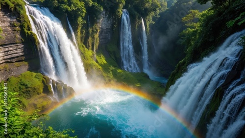 Waterfalls Cascading into Pool with Rainbow Natural Landscape Image