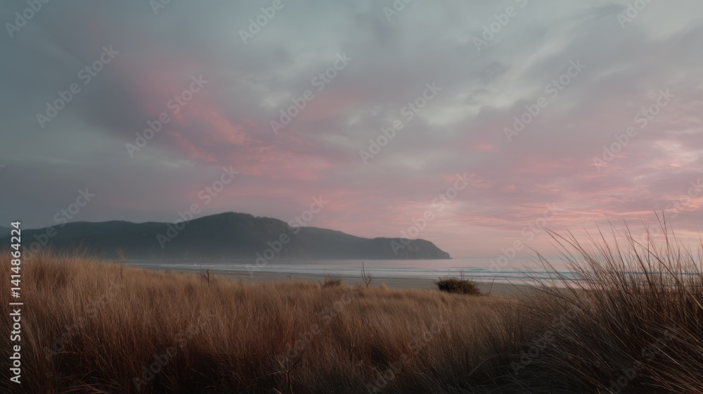 Obraz premium Serene coastal landscape with pink sunset sky over grassy dunes and distant mountains creating a tranquil and scenic view of nature