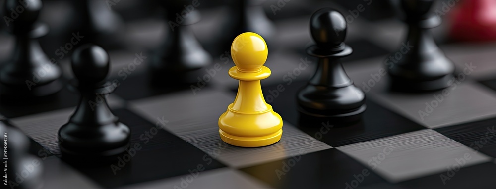 A lone yellow chess piece emerges from a line of black pawns, surrounded by gentle mist and a tranquil outdoor atmosphere.
