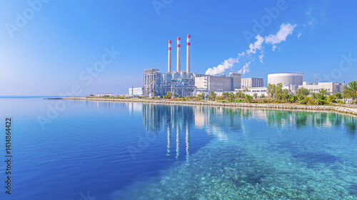 Large desalination plant by sea, featuring cooling towers and clear water