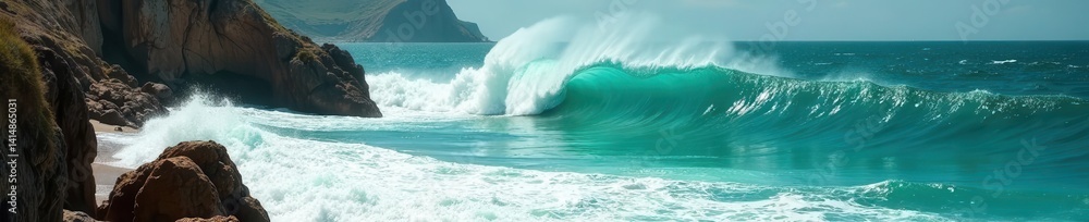 Emerald green waves crashing against rugged coastline, sea, untamed, dynamic Emerald green waves crashing against rugged coastline, sea, untamed, dynamic