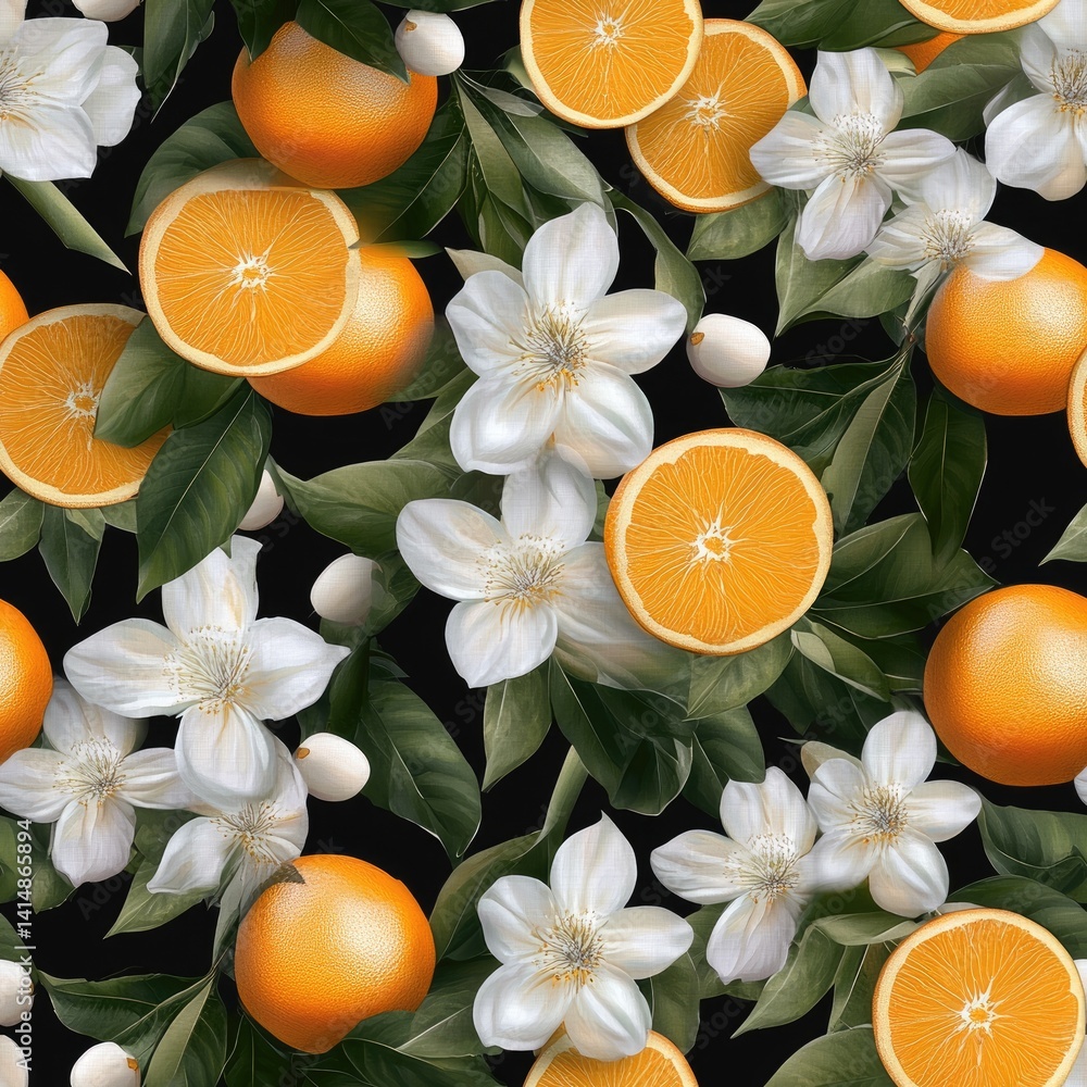 Floral design showcases vibrant orange and white flowers amidst leaves and berries against a striking dark background, ideal for textiles SEAMLESS PATTERN
