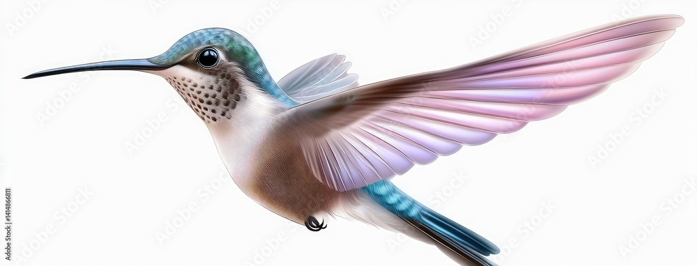 A graceful hummingbird with colorful feathers and a long tail flits through a dreamlike world aglow with sparkling lights and hues
