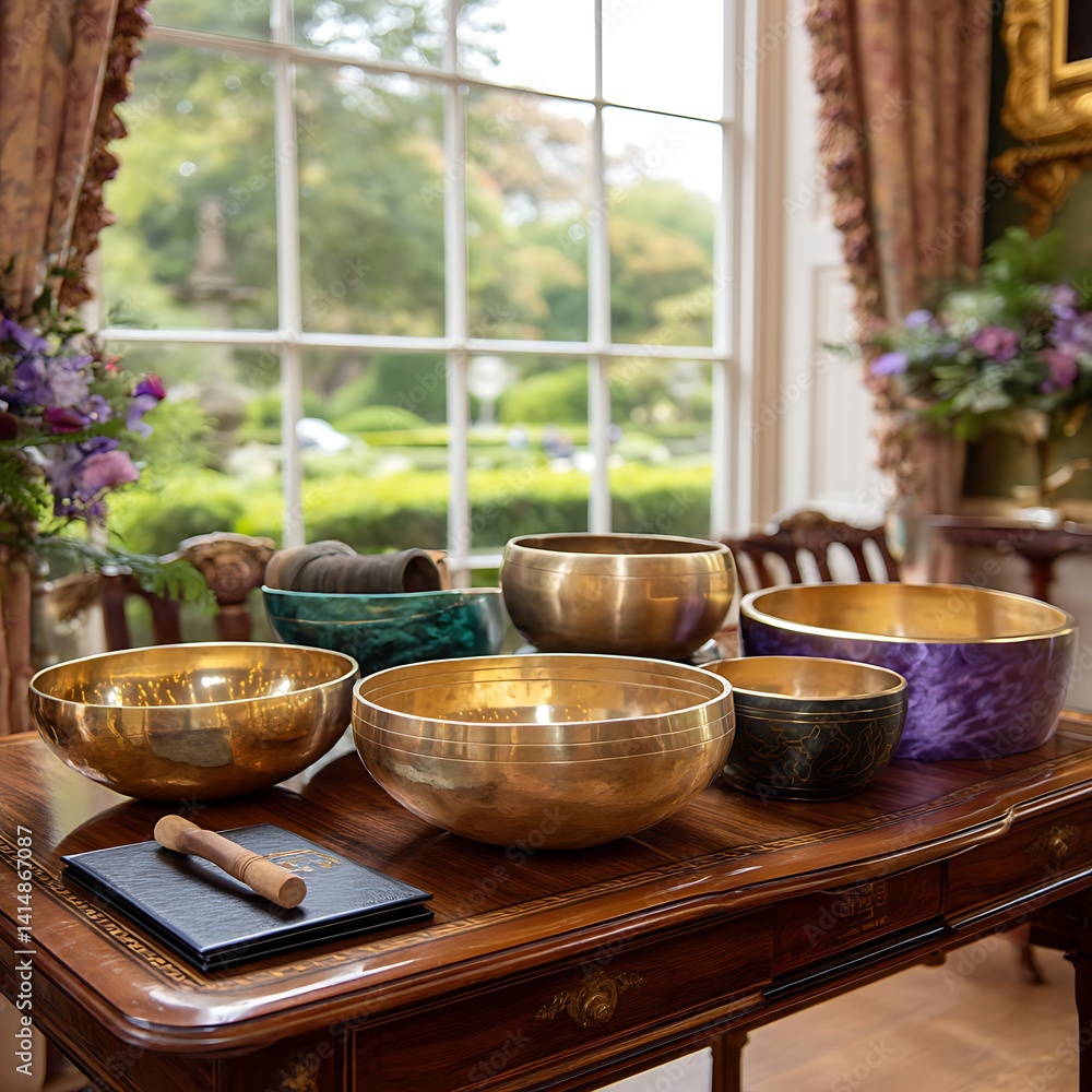 Serene Still Life with Singing Bowls on Wooden Table Against Ornate Floral Background Ambiance Serene Still Life with Singing Bowls on Wooden Table Against Ornate Floral Background Ambiance