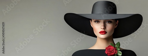 Obraz na płótnie Woman with a black hat and red lips poses elegantly against a dark gray background, showcasing a striking rose on her chest w salonie