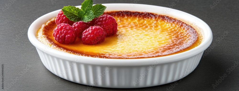 Delicious creamy dessert features fresh raspberries, cinnamon, and mint, beautifully presented in a white ramekin on a dark surface