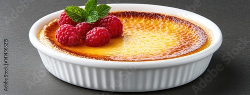 Obraz na płótnie Delicious creamy dessert features fresh raspberries, cinnamon, and mint, beautifully presented in a white ramekin on a dark surface w salonie