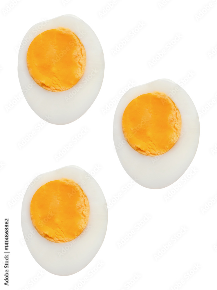 Top view set of unpeeled cooked or boiled chicken eggs in three halves with egg yolks isolated on white background with clipping path Top view set of unpeeled cooked or boiled chicken eggs in three halves with egg yolks isolated on white background with clipping path