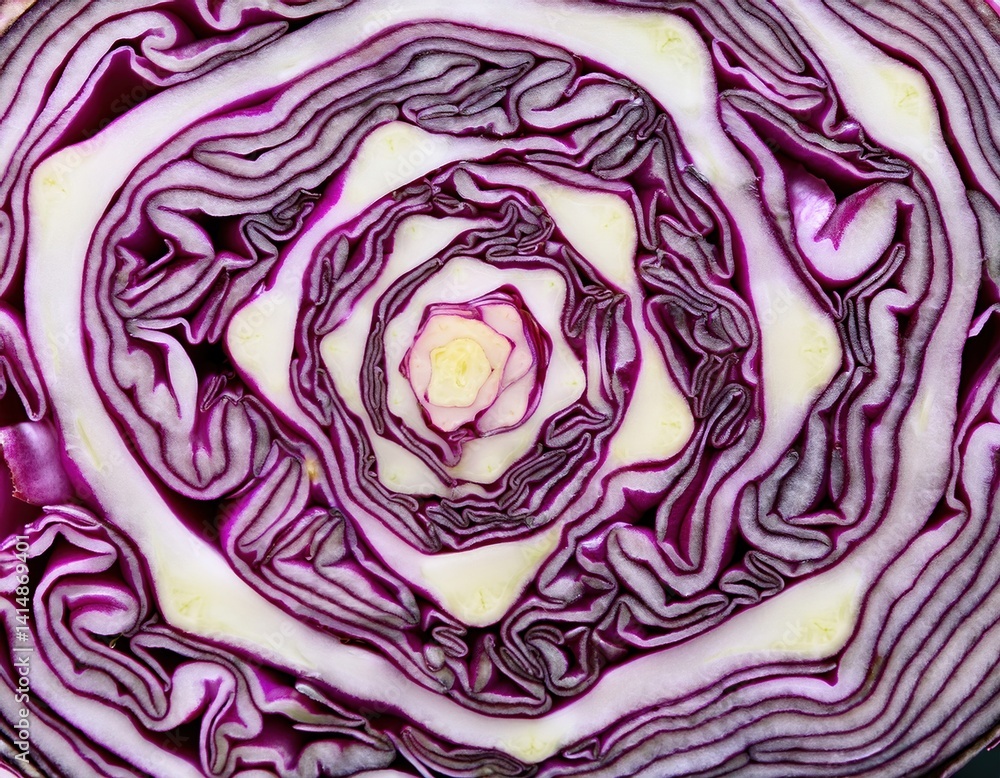 Obraz premium Close-up of red cabbage cross section showing intricate purple patterns