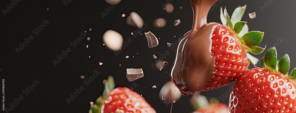 Strawberry immerses in dark chocolate, showcased under vibrant studio lighting, creating a mouthwatering visual delight