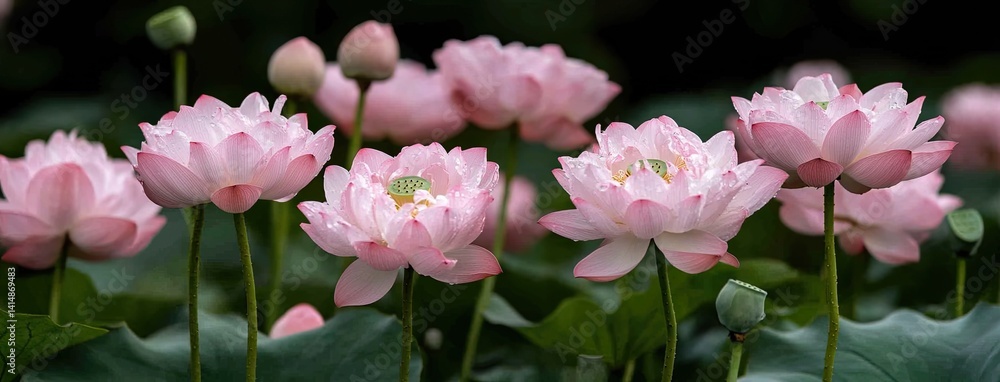 A vibrant pink lotus flower flourishes in the heart of a lush green pond, illuminated by gentle sunlight through the leaves