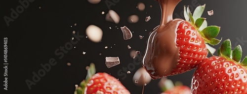 Obraz na płótnie Strawberry immerses in dark chocolate, showcased under vibrant studio lighting, creating a mouthwatering visual delight w salonie