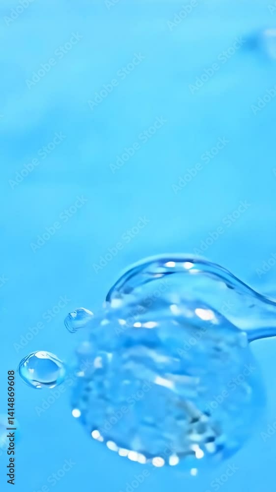 Clear water droplets falling onto blue surface creating expanding ripples. Close-up of liquid bubbles forming, merging and dissolving as splashes gradually increase across transparent turquoise water Clear water droplets falling onto blue surface creating expanding ripples. Close-up of liquid bubbles forming, merging and dissolving as splashes gradually increase across transparent turquoise water