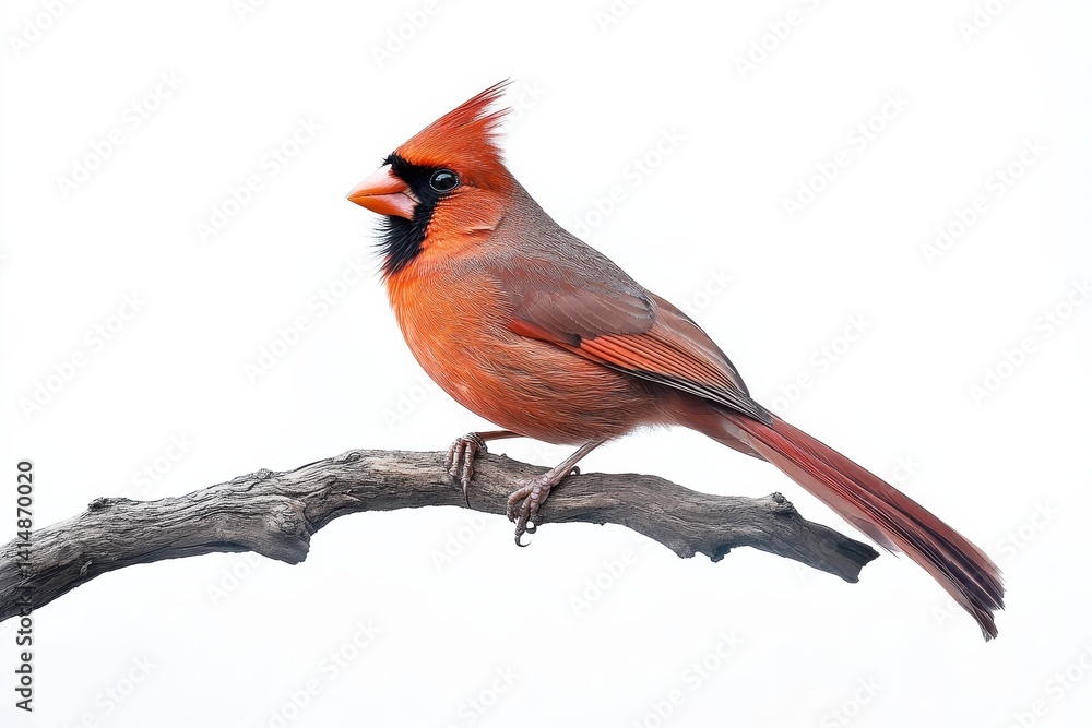 A vibrant cardinal perched gracefully on a slender branch against a bright white background A vibrant cardinal perched gracefully on a slender branch against a bright white background