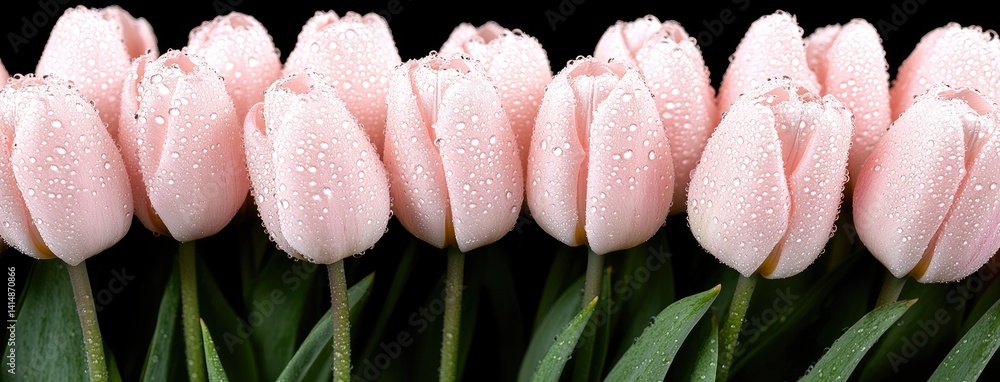 Dew drops cling to pink tulips in a garden, highlighting their freshness and vibrant color in the soft morning light