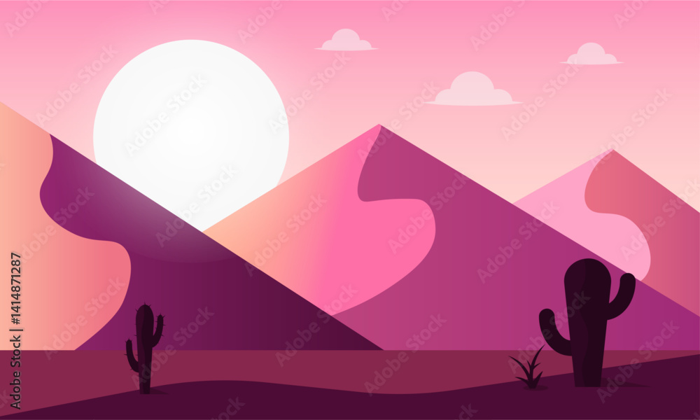 Naklejka premium Desert landscape with cactus, hills.Nature sunset on a background of a mountain landscape. 