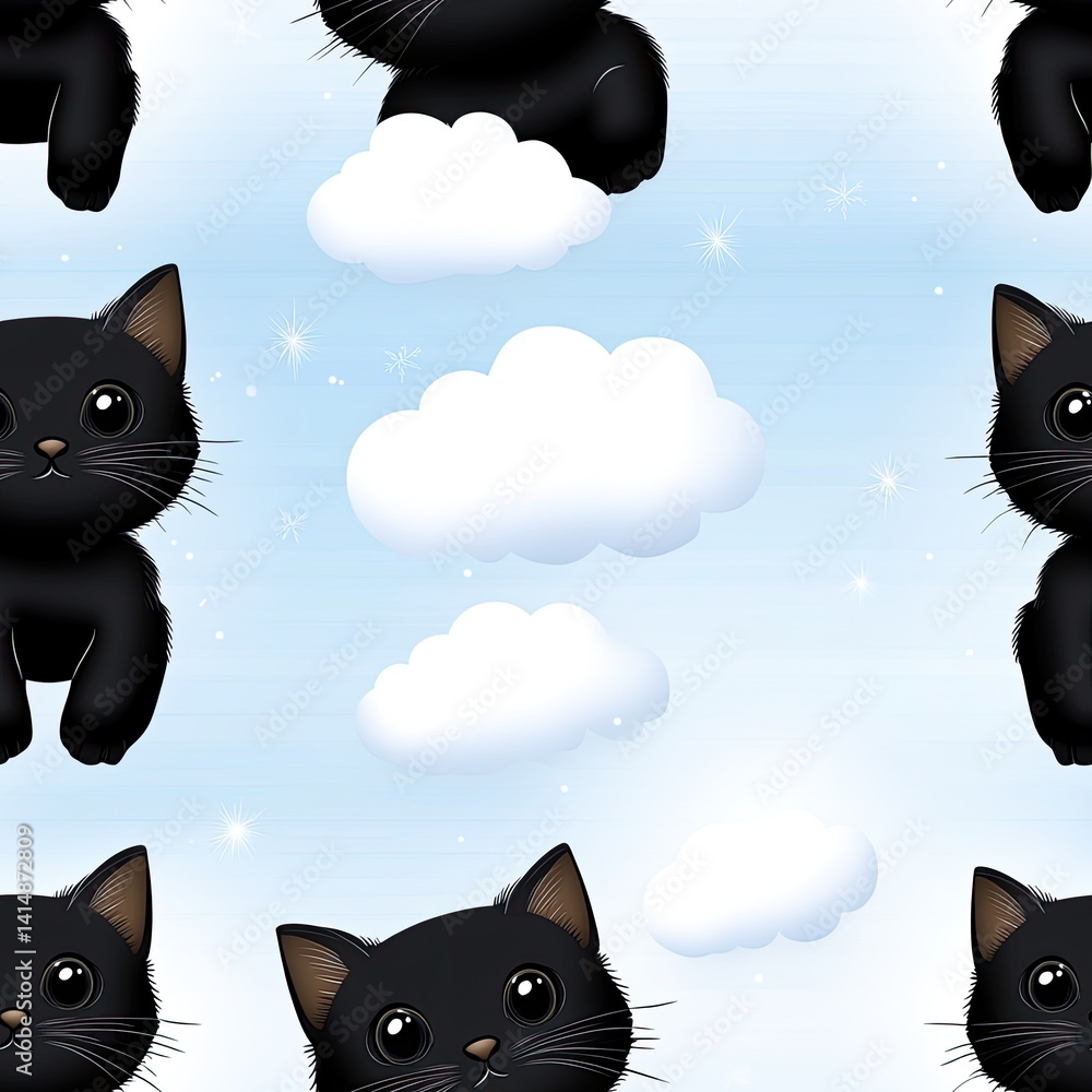 Adorable cartoon black cats are floating on soft clouds in a serene sky-blue setting adorned with a whimsical Japanese pattern SEAMLESS PATTERN