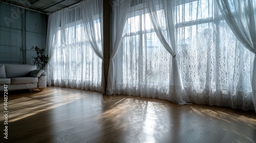 Sunlit living room with sheer curtains modern apartment interior photography bright atmosphere relaxing concept