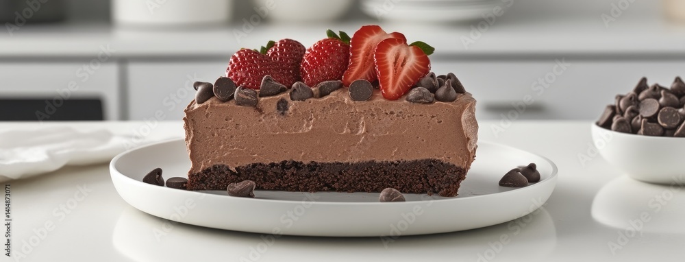 Indulge in a decadent slice of chocolate mousse cake topped with fresh strawberries and drizzled with dark chocolate, set in lush greenery