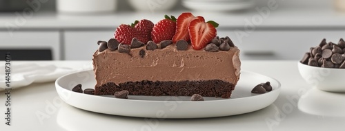 Indulge in a decadent slice of chocolate mousse cake topped with fresh strawberries and drizzled with dark chocolate, set in lush greenery