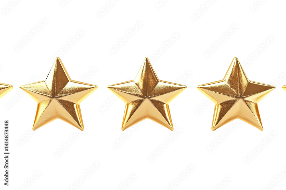 Row of shiny, golden five-point stars, close together. On a transparent background, centered with lots of detail Row of shiny, golden five-point stars, close together. On a transparent background, centered with lots of detail